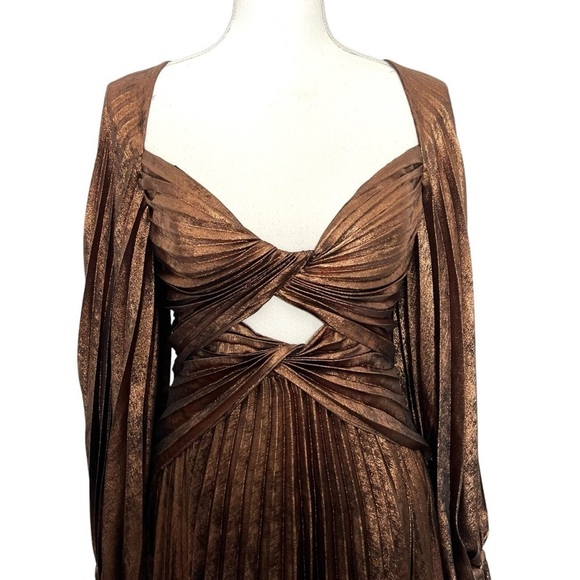 Acler Auroa Midi Dress Metallic Twist Front Pleated Bronze Size 6 NEW - Picture 9 of 16